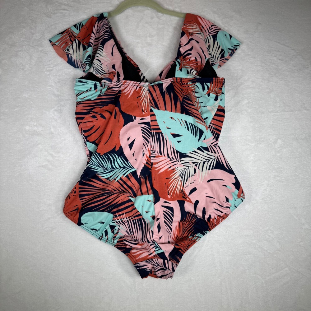 Fit 4 U Womens Swimsuit 16W Tropical Leaf Print One Piece Ruffle Off Shoulder - Picture 3 of 8